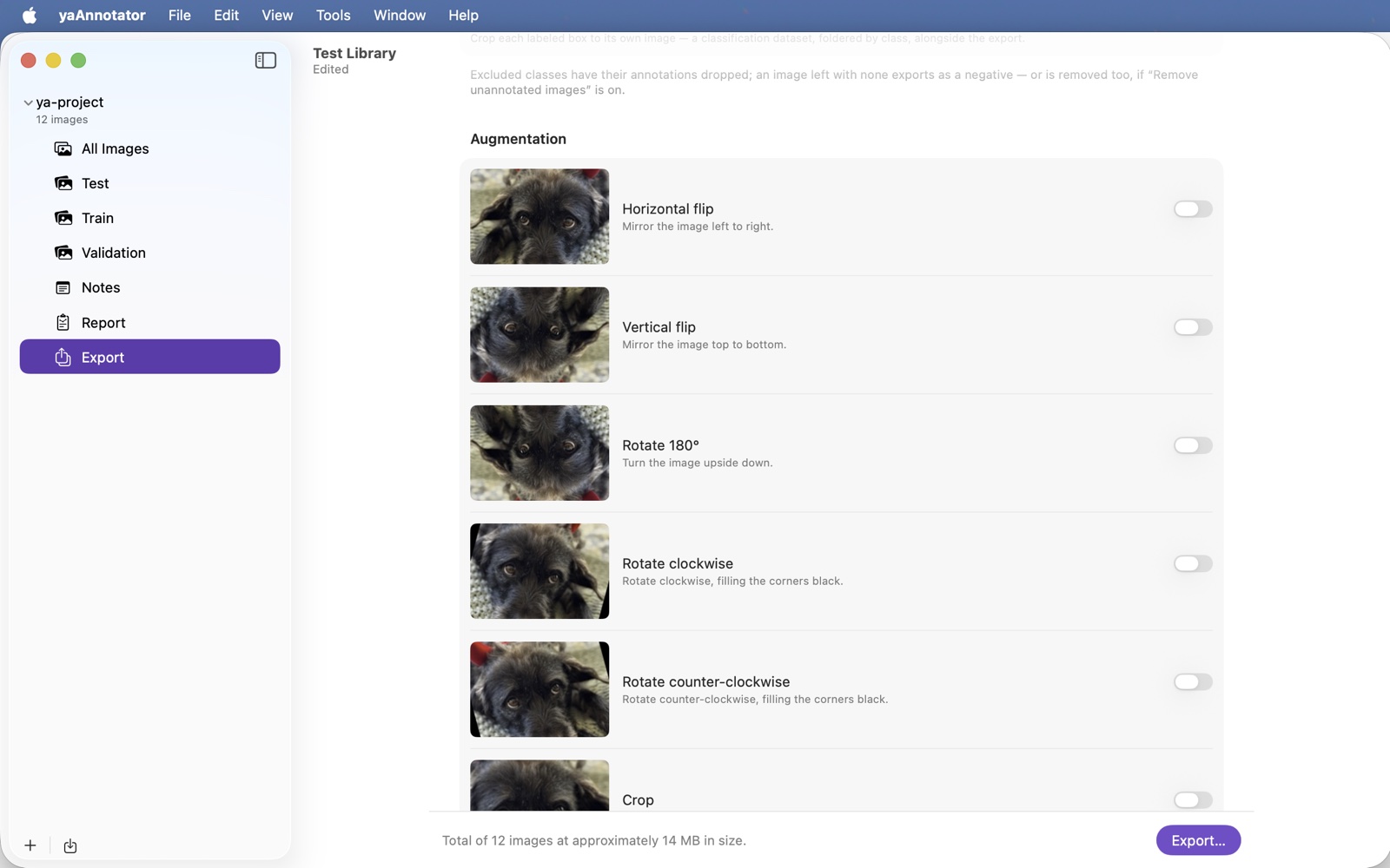 yaAnnotator's export augmentation options generating extra training copies