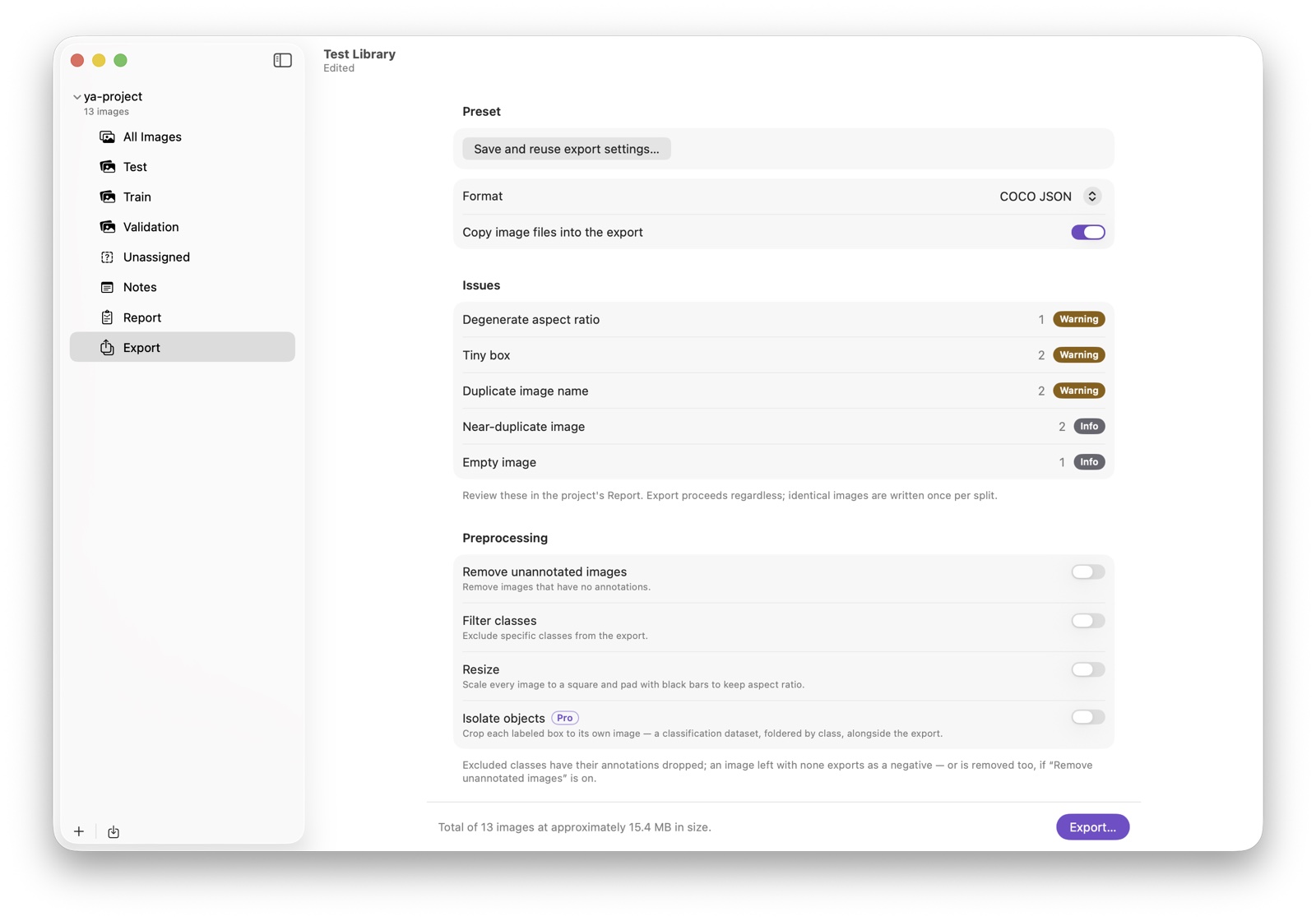 The yaAnnotator Export pane showing format, preprocessing, and augmentation options