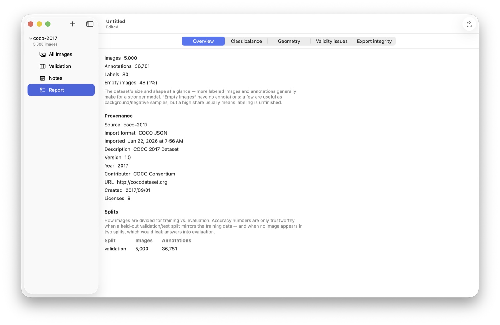 The Analyze Annotations report's Overview section with image and annotation counts