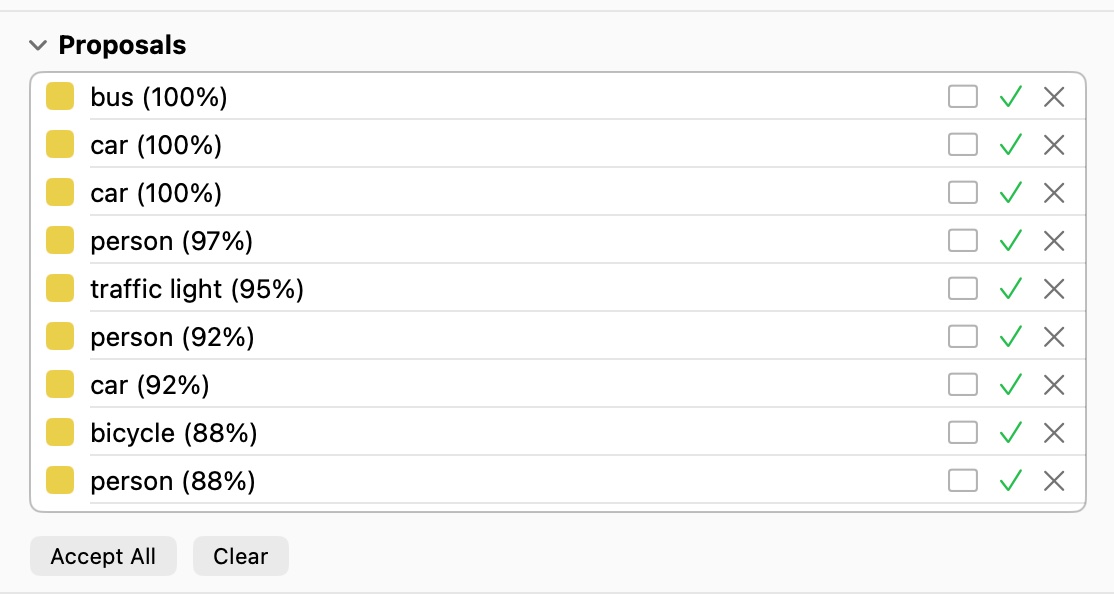 The Proposals inspector listing model-suggested annotations with confidence values