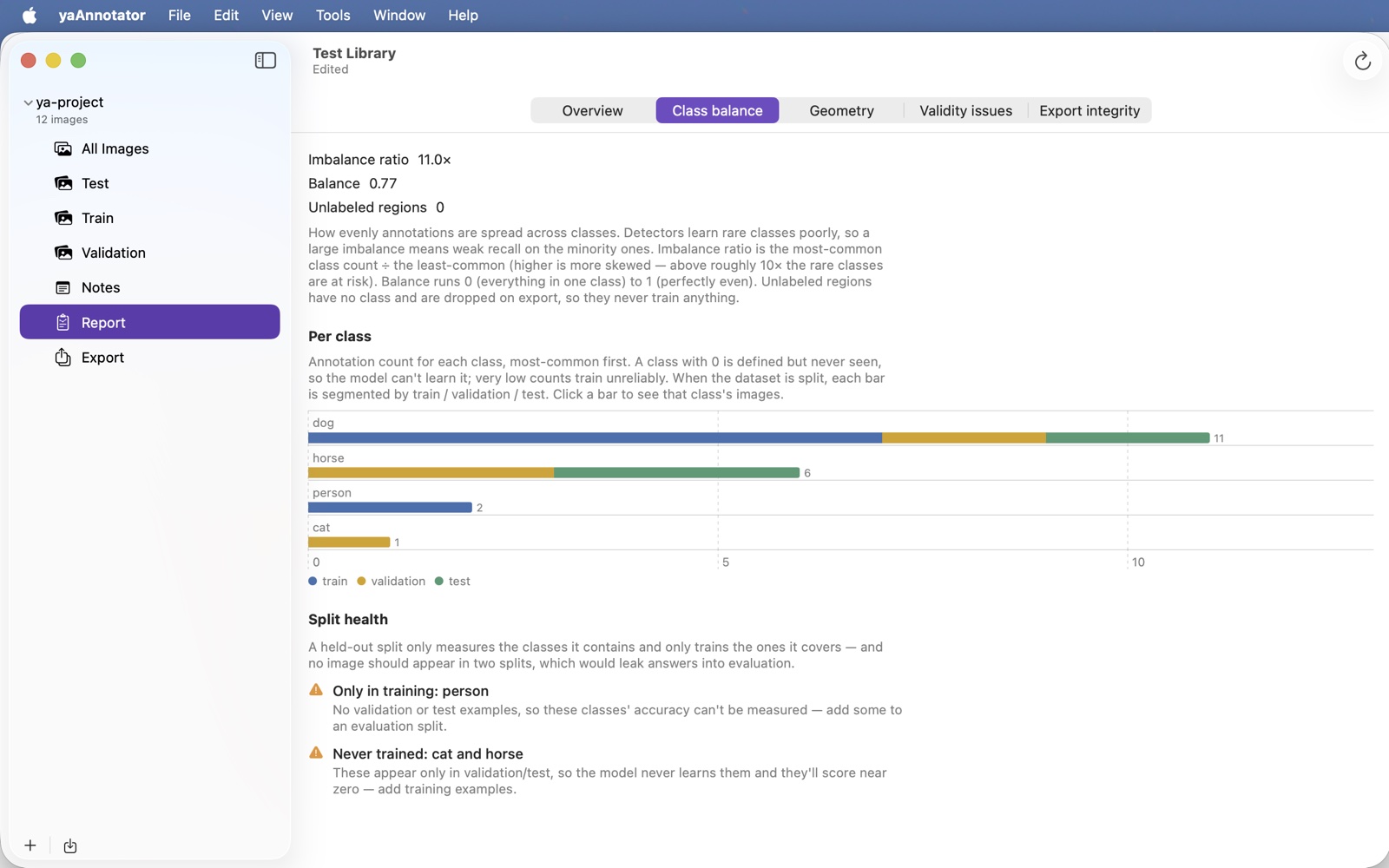 The Analyze Annotations report showing class balance in yaAnnotator